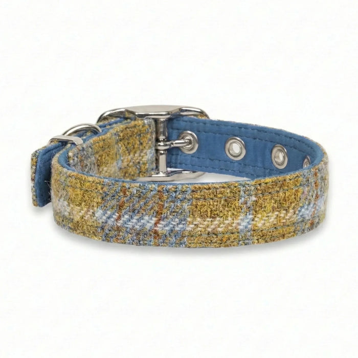 Mustard & Blue Check - Buckle Fastening Luxury Harris Tweed Dog Collar