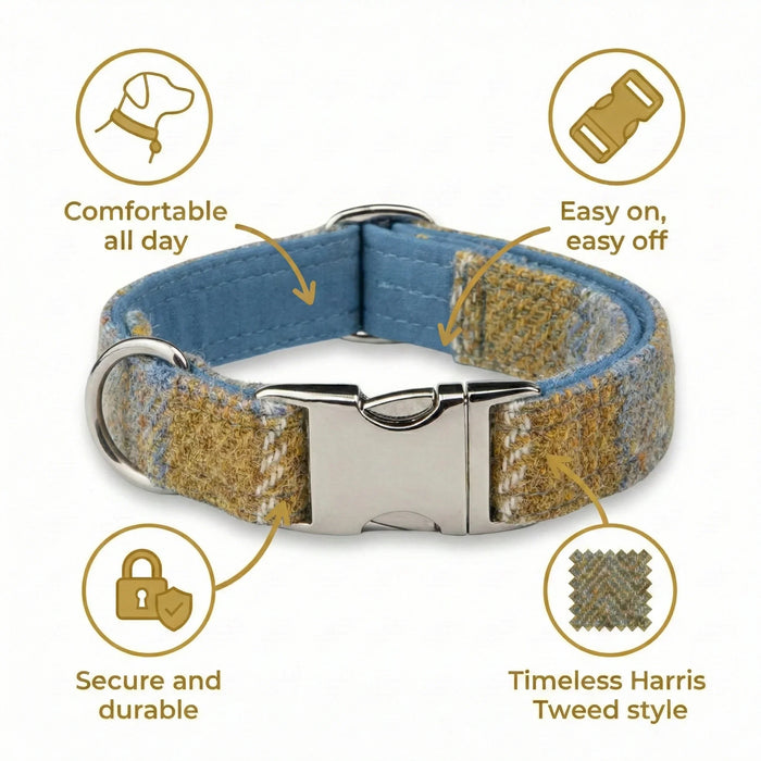 Mustard & Blue Check Luxury Harris Tweed Dog Collar