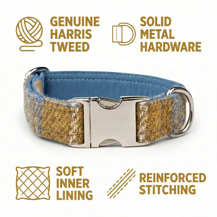 Mustard & Blue Check Luxury Harris Tweed Dog Collar