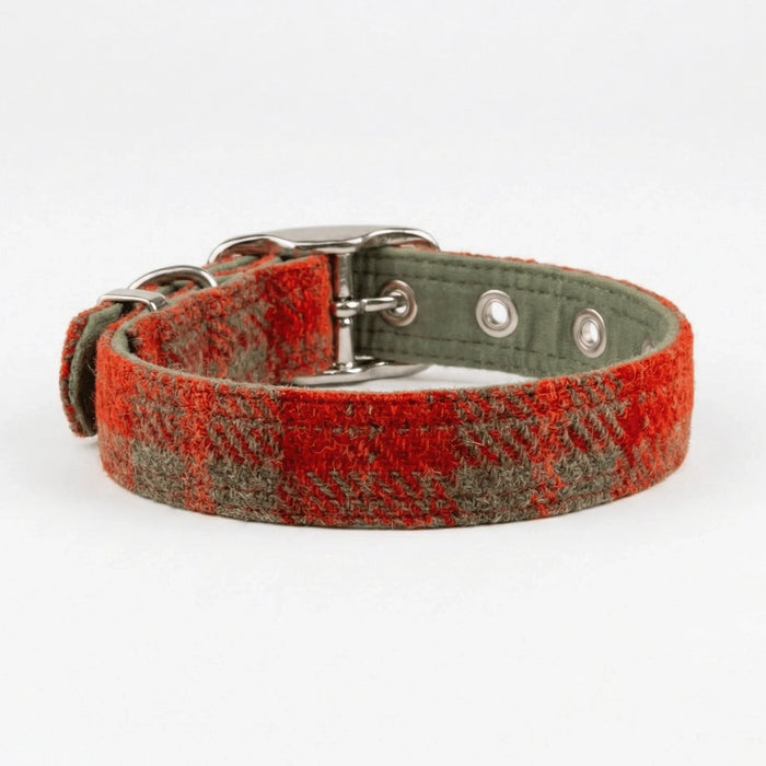 Orange & Olive Check - Buckle Fastening Luxury Harris Tweed Dog Collar