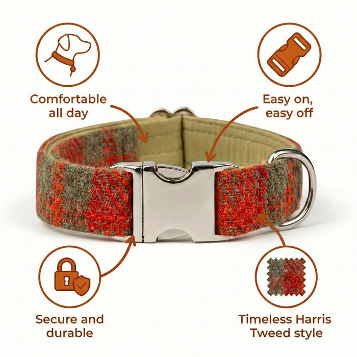 Orange & Olive Check Harris Tweed Luxury Dog Collar