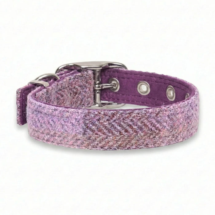 Pretty Pink Block Herringbone Check - Buckle Fastening Luxury Harris Tweed Dog Collar