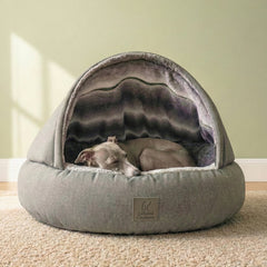Collared Creatures - Grey Deluxe Cocoon Luxury Cave Dog Bed with New Grey Faux Fur Interior