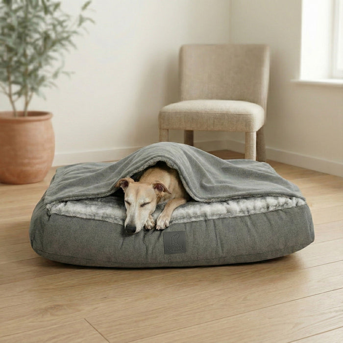 Grey Luxury Dog Snuggle Bed - Snuggle Sack faux fur inner material