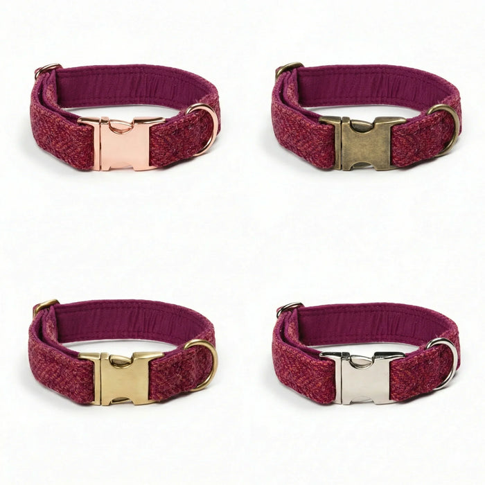 Raspberry & Coral Herringbone Harris Tweed Dog Collar