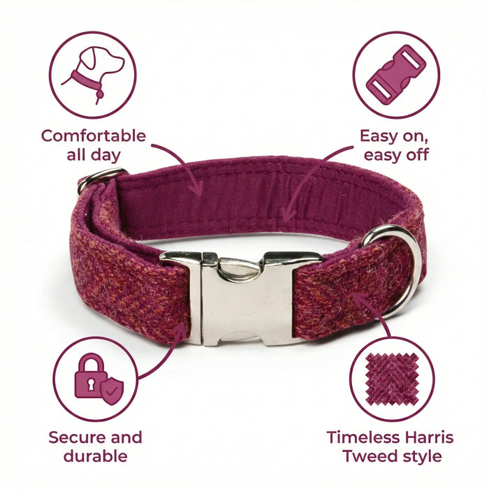 Raspberry & Coral Herringbone Harris Tweed Dog Collar