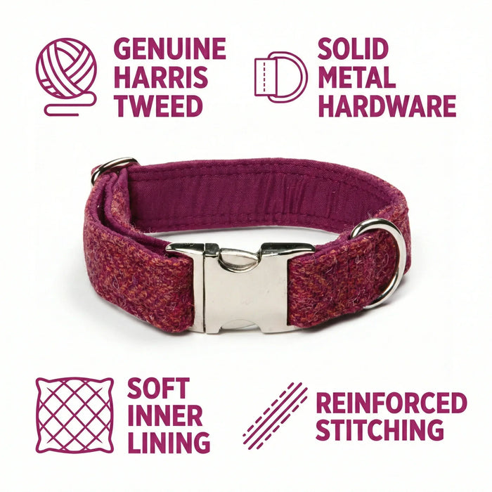 Raspberry & Coral Herringbone Harris Tweed Dog Collar