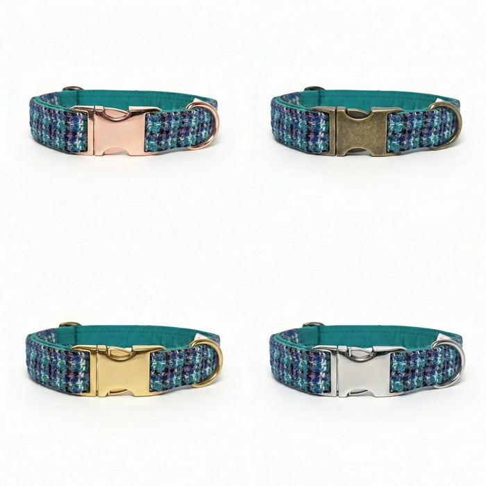 Teal Lilac & Black Check Luxury Harris Tweed Dog Collar