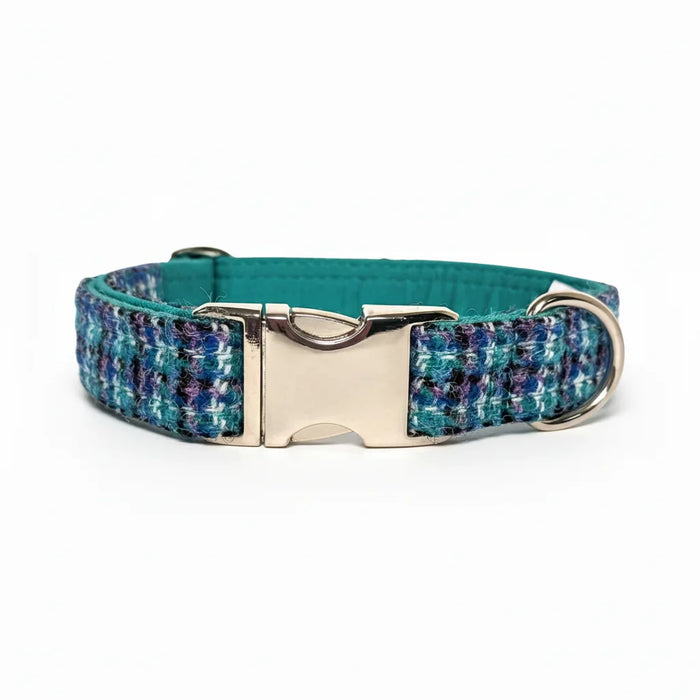 Teal Lilac & Black Check Luxury Harris Tweed Dog Collar