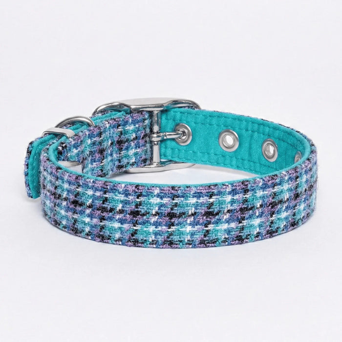 Teal, Lilac & Black Check - Buckle Fastening Luxury Harris Tweed Dog Collar
