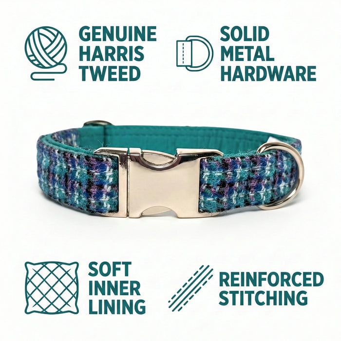 Teal Lilac & Black Check Luxury Harris Tweed Dog Collar