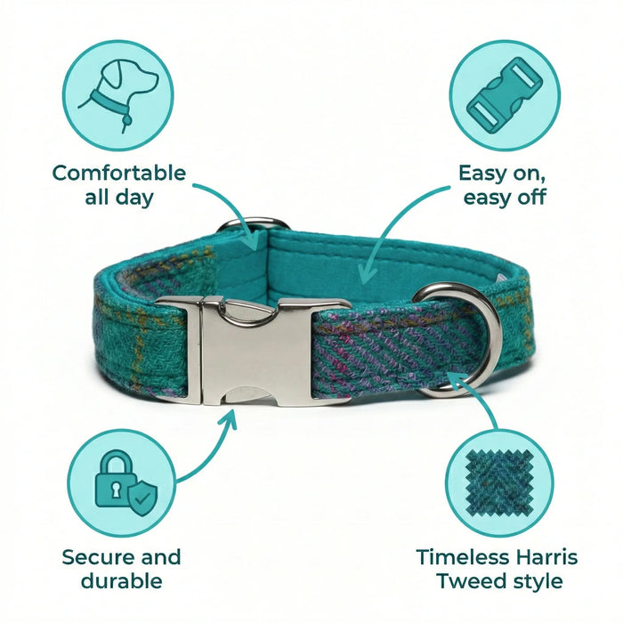 Teal & Lilac Check Luxury Harris Tweed Dog Collar