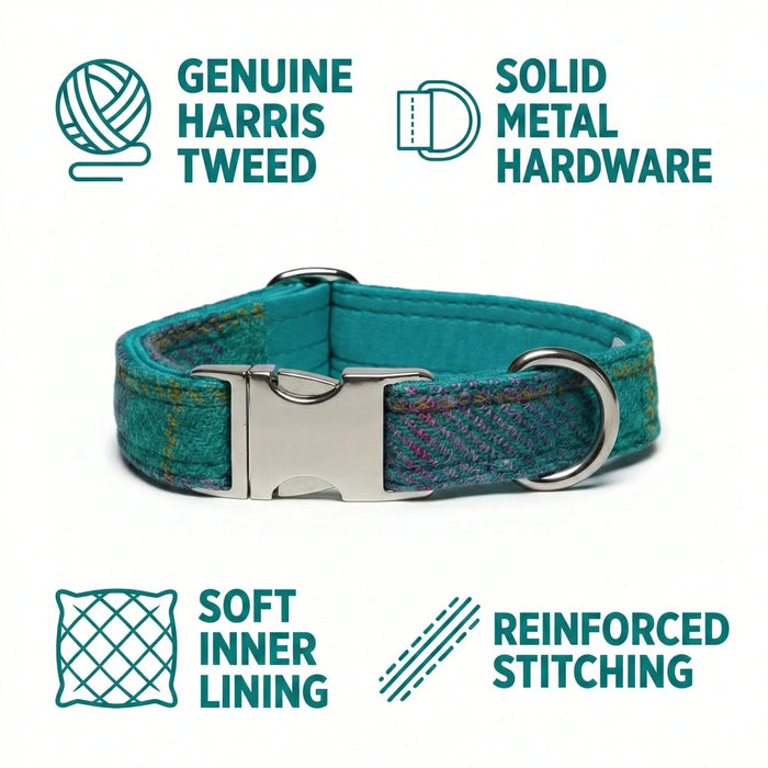 Teal & Lilac Check Luxury Harris Tweed Dog Collar