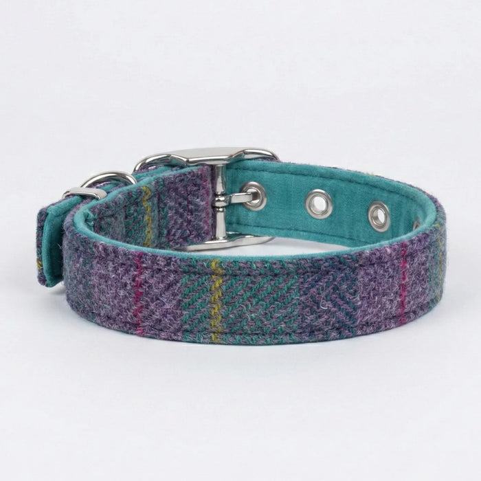 Teal & Lilac Check - Buckle Fastening Luxury Harris Tweed Dog Collar