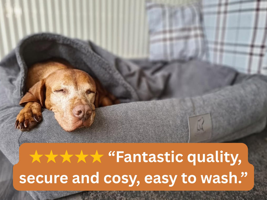 Grey Bolster Hoodied Dog Bed - Removable Hood