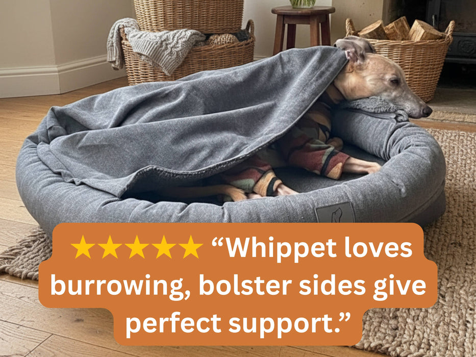 Grey Bolster Hoodied Dog Bed - Removable Hood