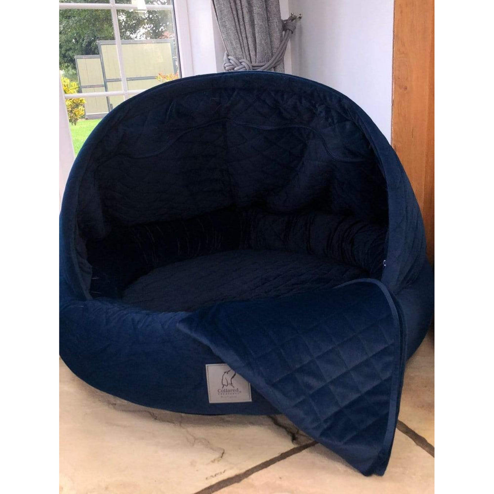 Collared Creatures Beds 60cm Diameter Collared Creatures Sapphire Blue Quilted Velour Deluxe Comfort Cocoon Dog Cave Bed