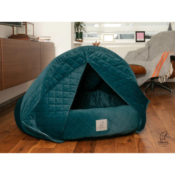 Collared Creatures Beds 60cm Diameter / With Curtains Collared Creatures Teal Quilted Velour Deluxe Comfort Cocoon Dog Cave Bed