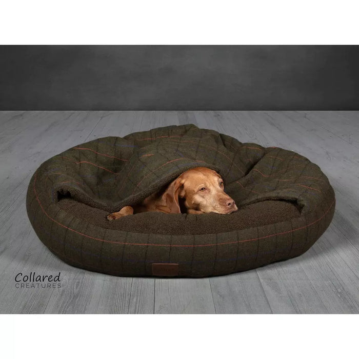 Collared Creatures Beds 65cm Diameter Collared Creatures - Green Tweed Luxury Cocoon Cushion Round Dog Bed