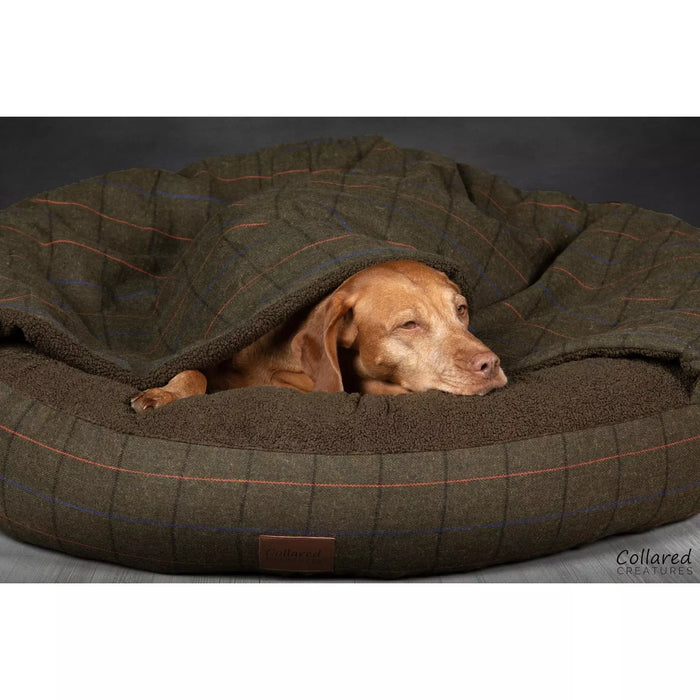 Collared Creatures Beds Collared Creatures - Green Tweed Luxury Cocoon Cushion Round Dog Bed