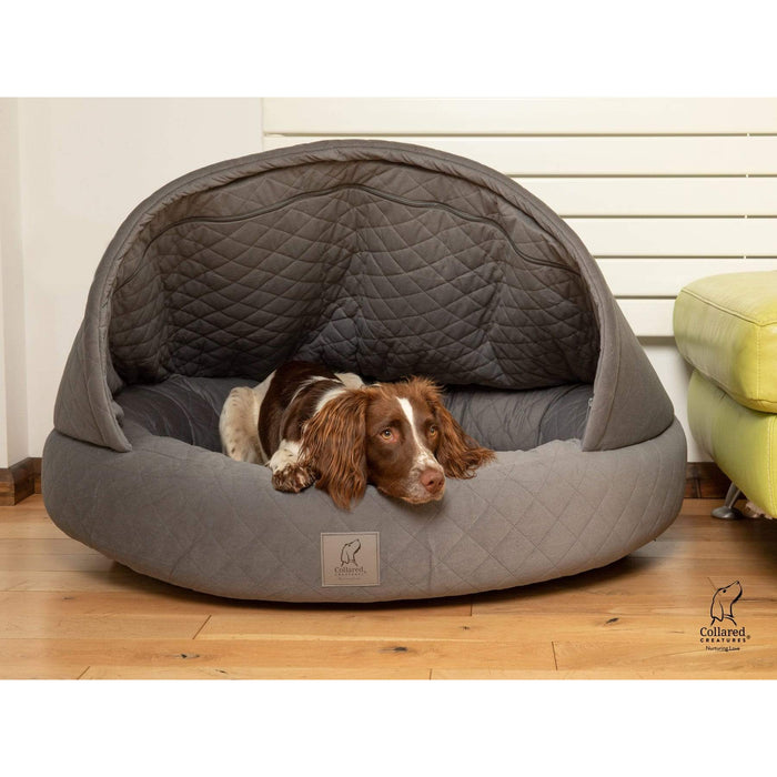 Collared Creatures Beds Collared Creatures Grey Quilted Velour Deluxe Comfort Cocoon Dog Cave Bed
