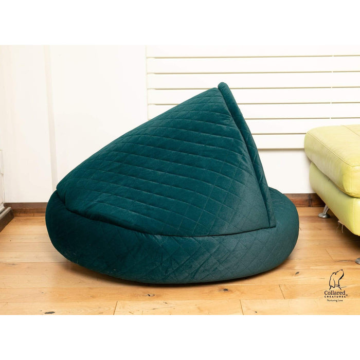 Collared Creatures Beds Collared Creatures Teal Quilted Velour Deluxe Comfort Cocoon Dog Cave Bed