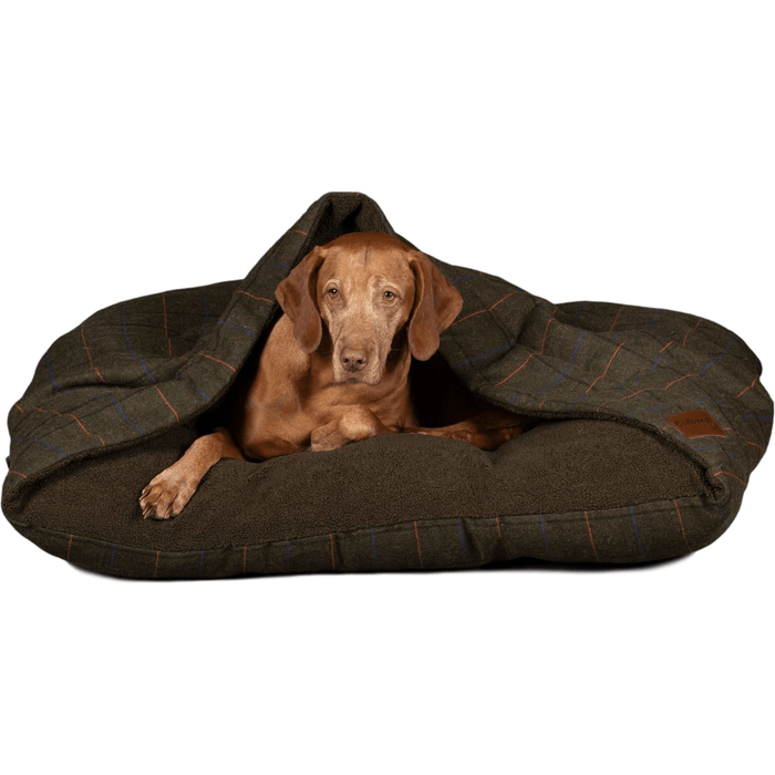 Collared Creatures Beds Luxury Green Tweed Snuggle Sack Dog Bed
