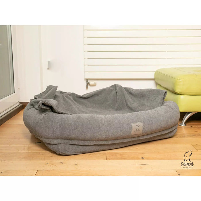 Collared Creatures Beds Luxury Grey Hoodied Bolster Dog Bed - Removable Hood