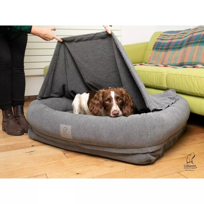 Collared Creatures Beds Medium 80(L) x 65(W) x 25cm(H) Luxury Grey Hoodied Bolster Dog Bed - Removable Hood